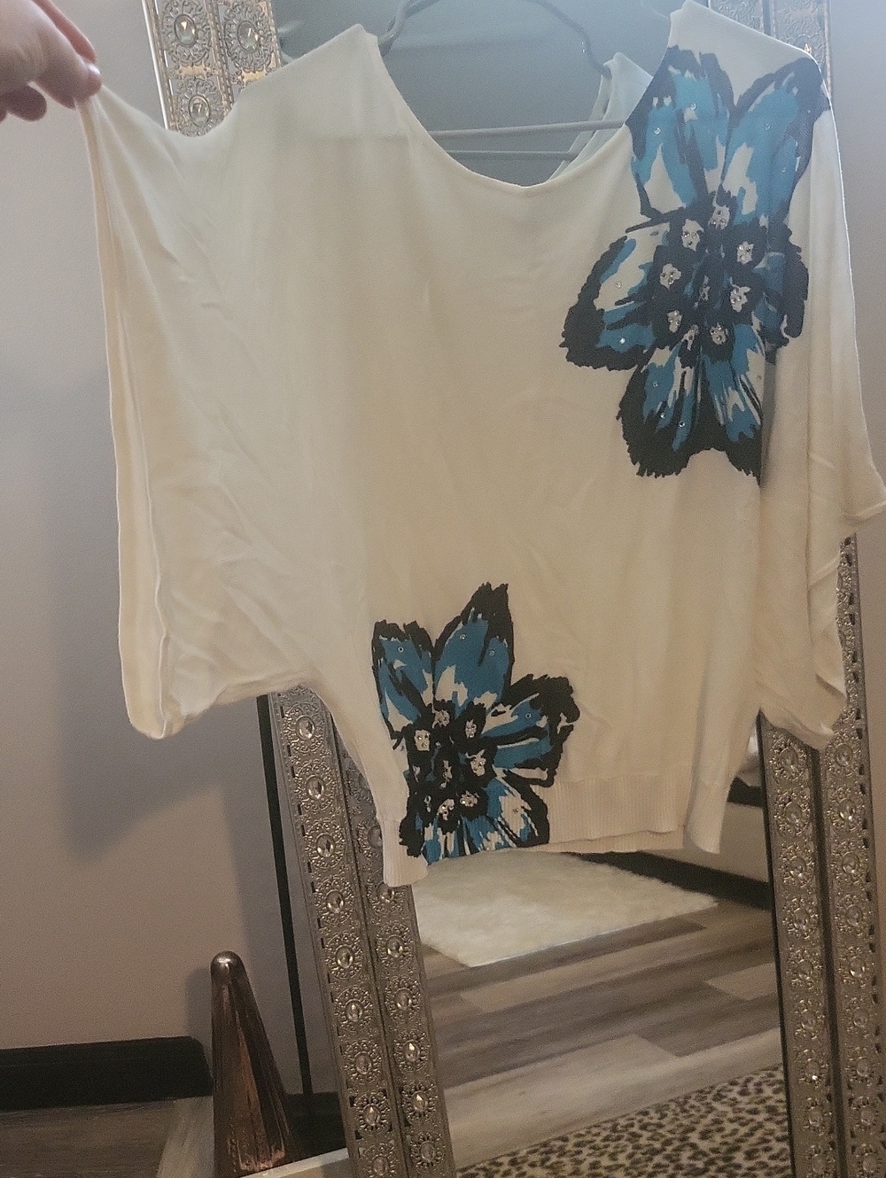 INC International Concepts Cream Tunic with Blue Floral Rhinestone Accents